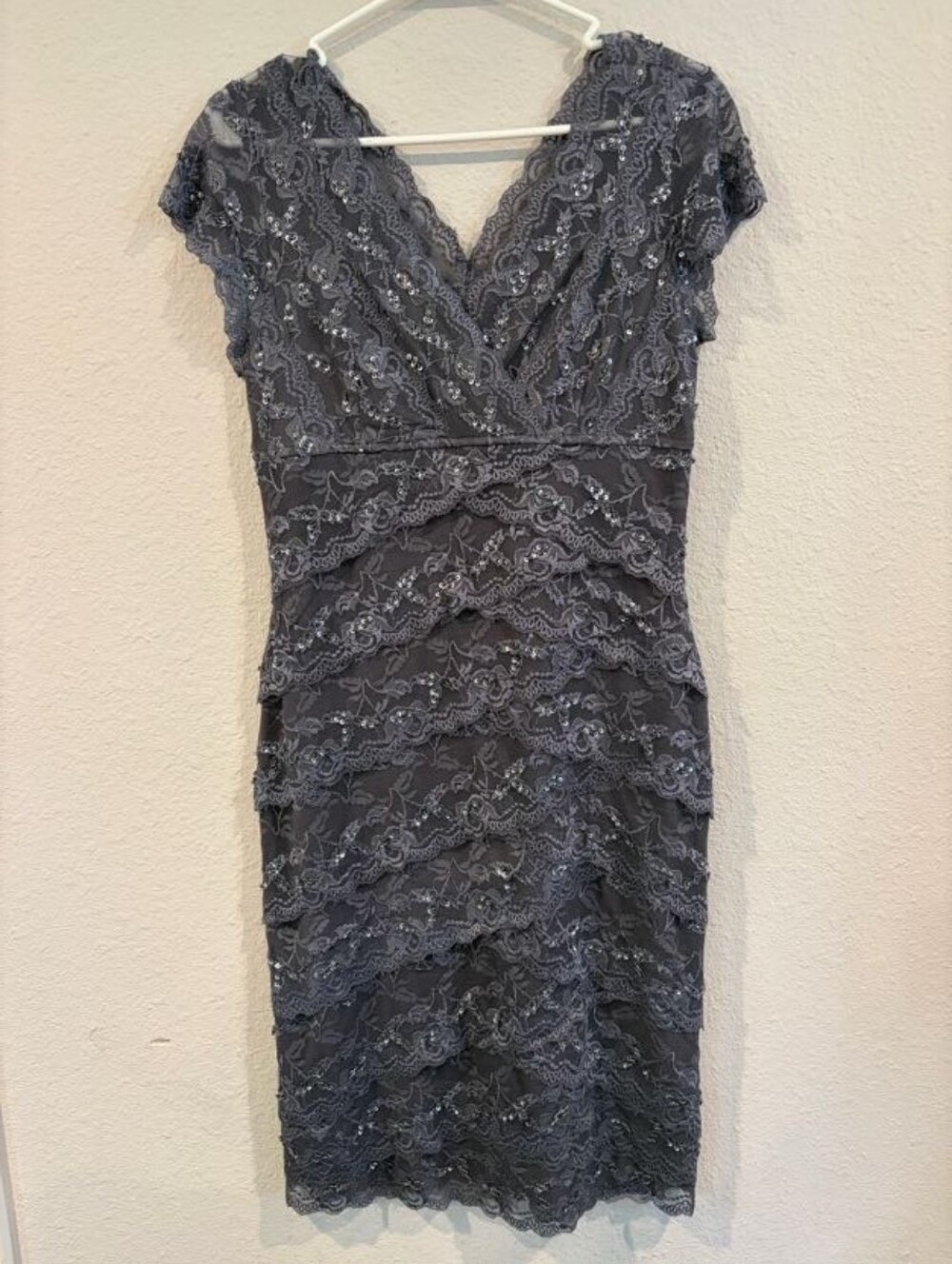 Blu Sage Womens Grey Lace Sequin Stretch Bandage Knee Length Dress Size 10